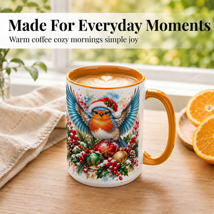#pl[15oz|Orange] Christmas Robin Coffee Mug, Winter Bird Mug, Ceramic Cup