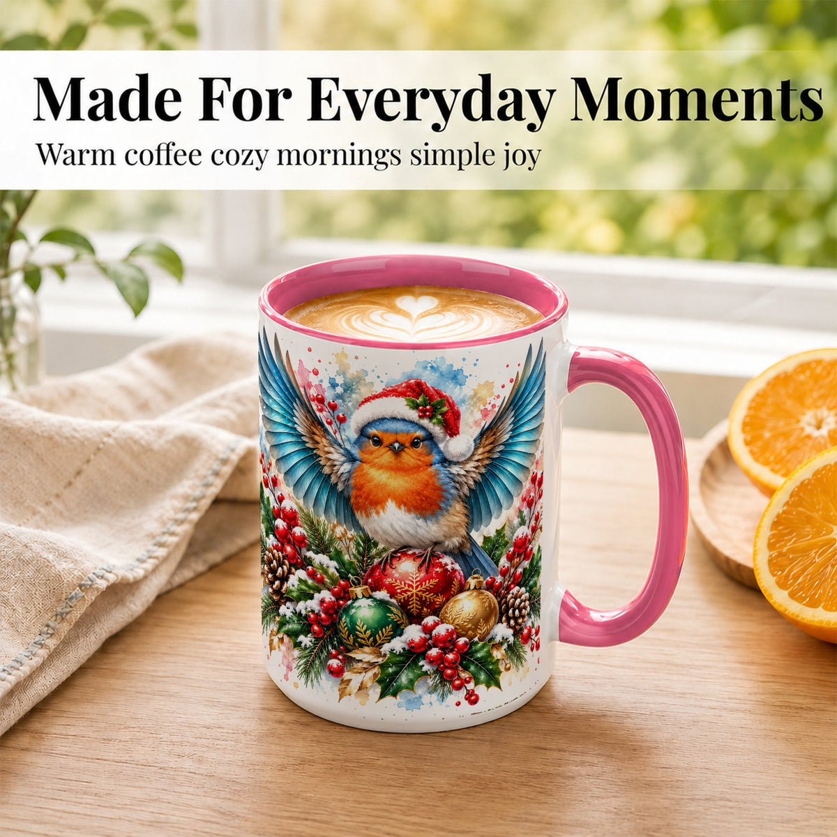 #pl[15oz|Pink] Christmas Robin Coffee Mug, Winter Bird Mug, Ceramic Cup