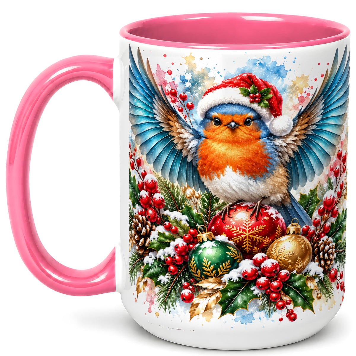 #pl[15oz|Pink] Christmas Robin Coffee Mug, Winter Bird Mug, Ceramic Cup