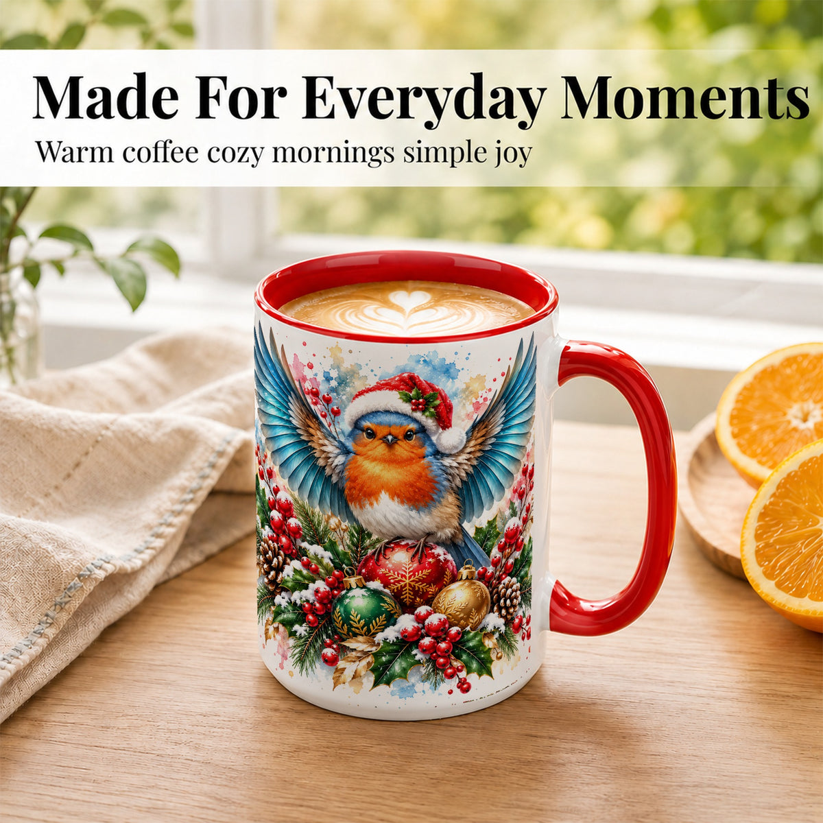 #pl[15oz|Red] Christmas Robin Coffee Mug, Winter Bird Mug, Ceramic Cup