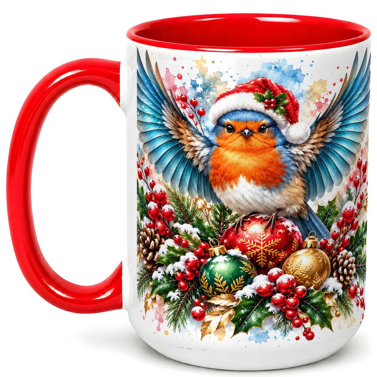 #pl[15oz|Red] Christmas Robin Coffee Mug, Winter Bird Mug, Ceramic Cup