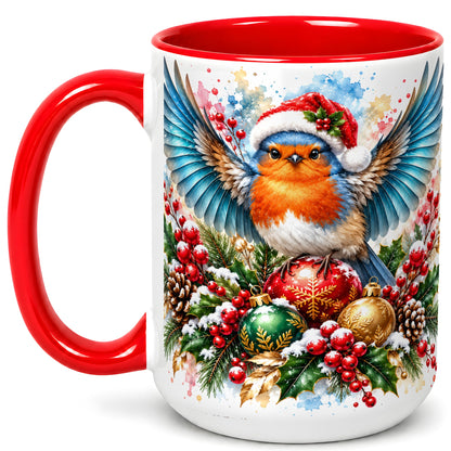 #pl[15oz|Red] Christmas Robin Coffee Mug, Winter Bird Mug, Ceramic Cup