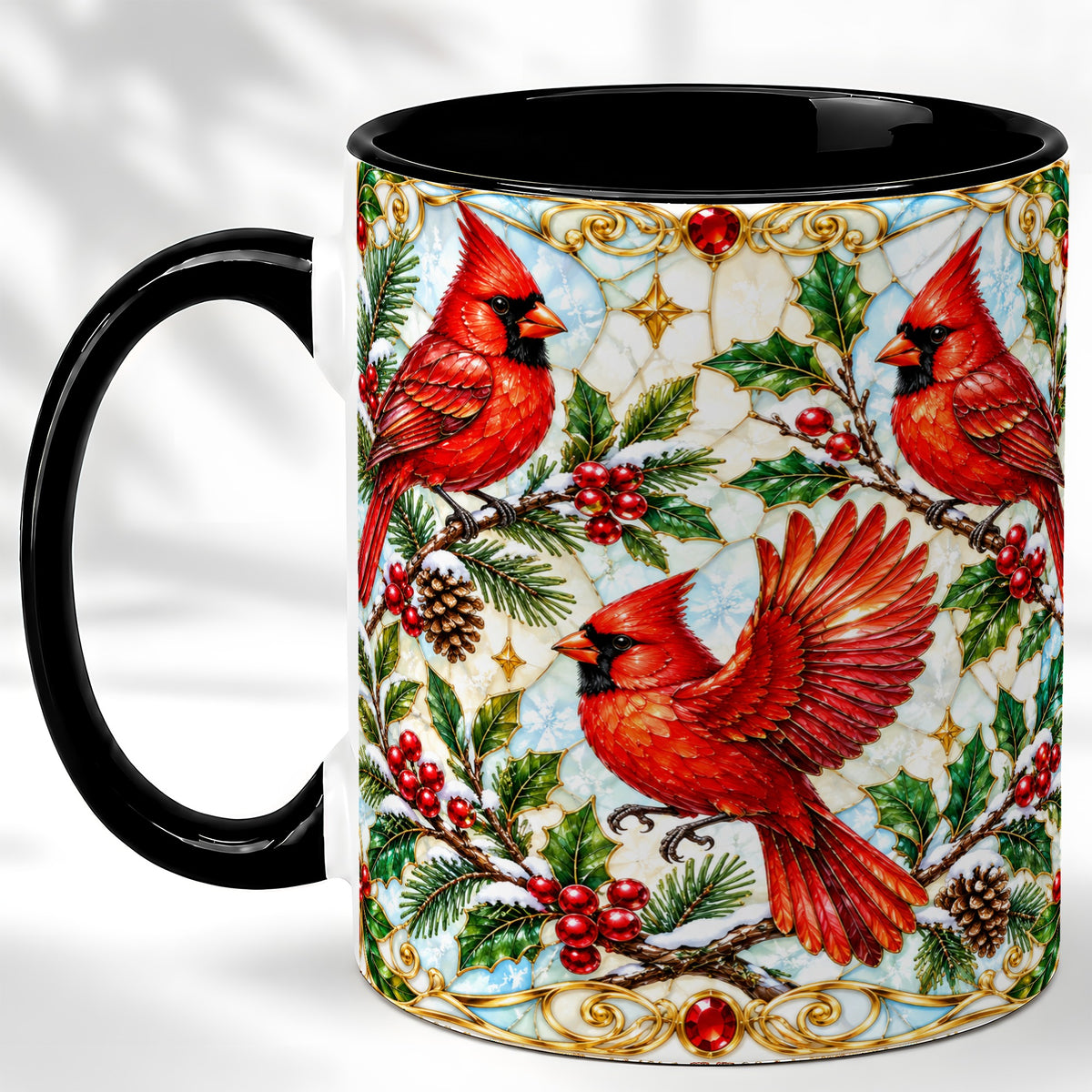 #pl[11oz|Black] Christmas Cardinals Coffee Mug, Stained Glass Bird Mug, Ceramic Cup