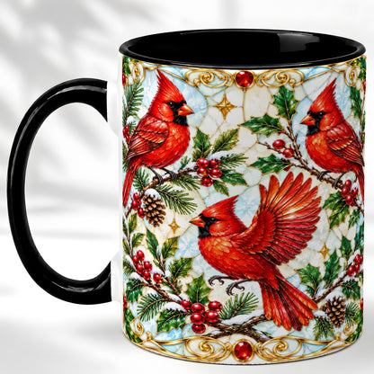 #pl[11oz|Black] Christmas Cardinals Coffee Mug, Stained Glass Bird Mug, Ceramic Cup