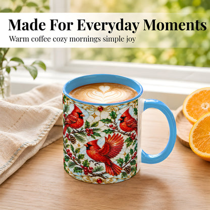 #pl[11oz|Blue] Christmas Cardinals Coffee Mug, Stained Glass Bird Mug, Ceramic Cup