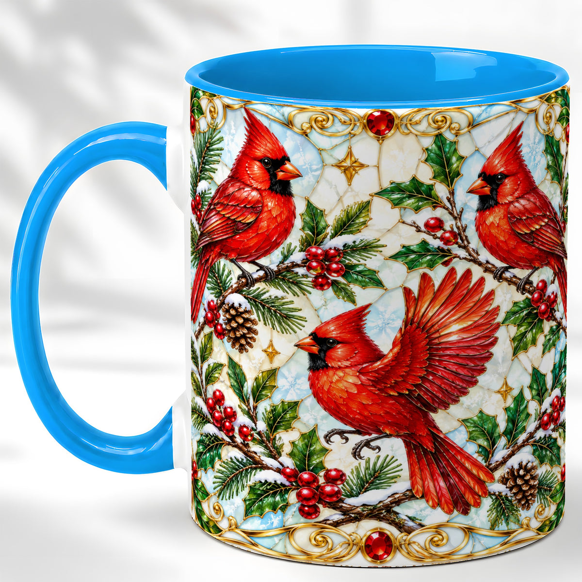 #pl[11oz|Blue] Christmas Cardinals Coffee Mug, Stained Glass Bird Mug, Ceramic Cup
