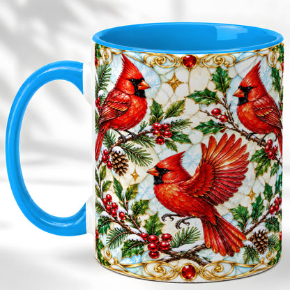 #pl[11oz|Blue] Christmas Cardinals Coffee Mug, Stained Glass Bird Mug, Ceramic Cup