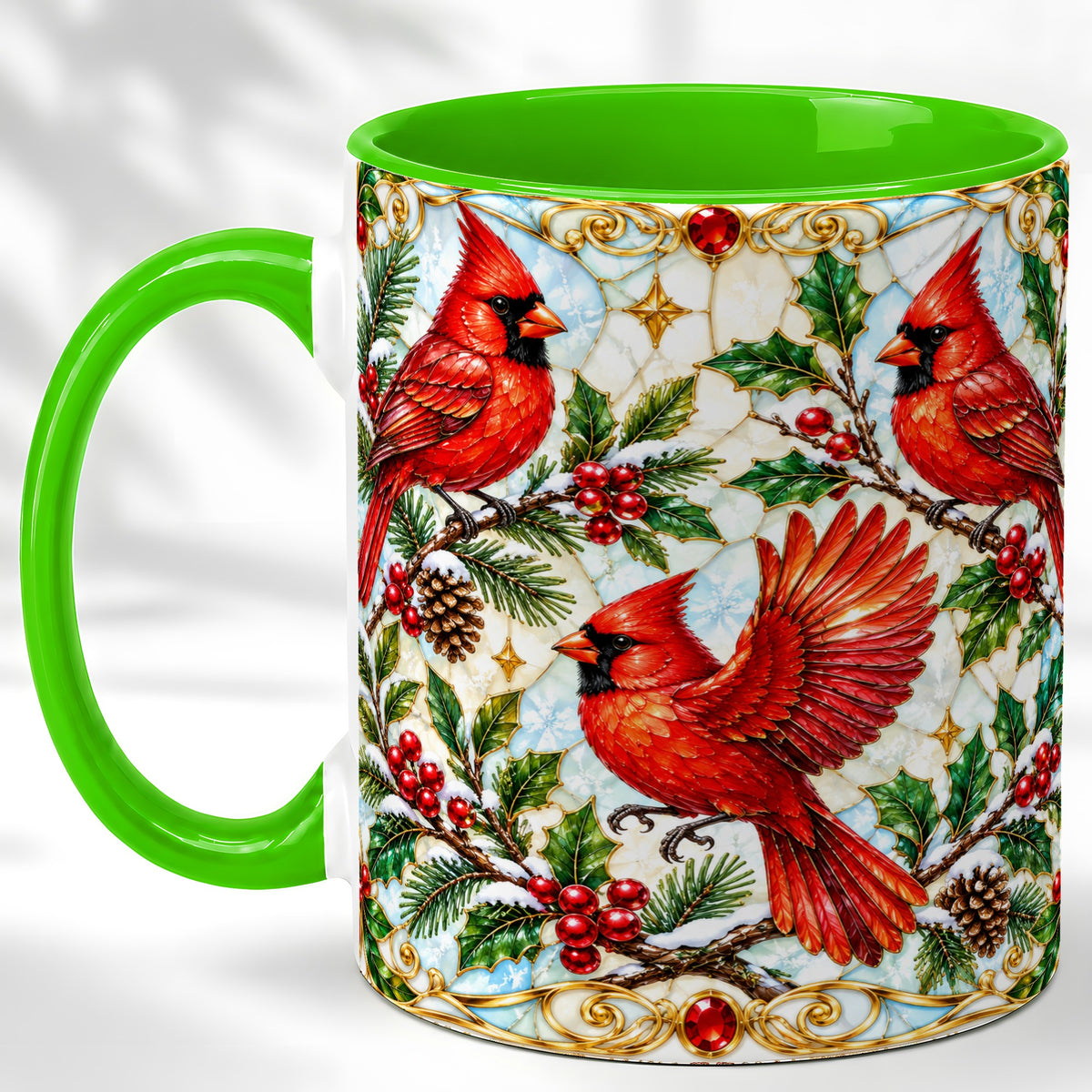 #pl[11oz|Green] Christmas Cardinals Coffee Mug, Stained Glass Bird Mug, Ceramic Cup