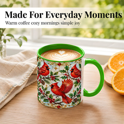 #pl[11oz|Green] Christmas Cardinals Coffee Mug, Stained Glass Bird Mug, Ceramic Cup