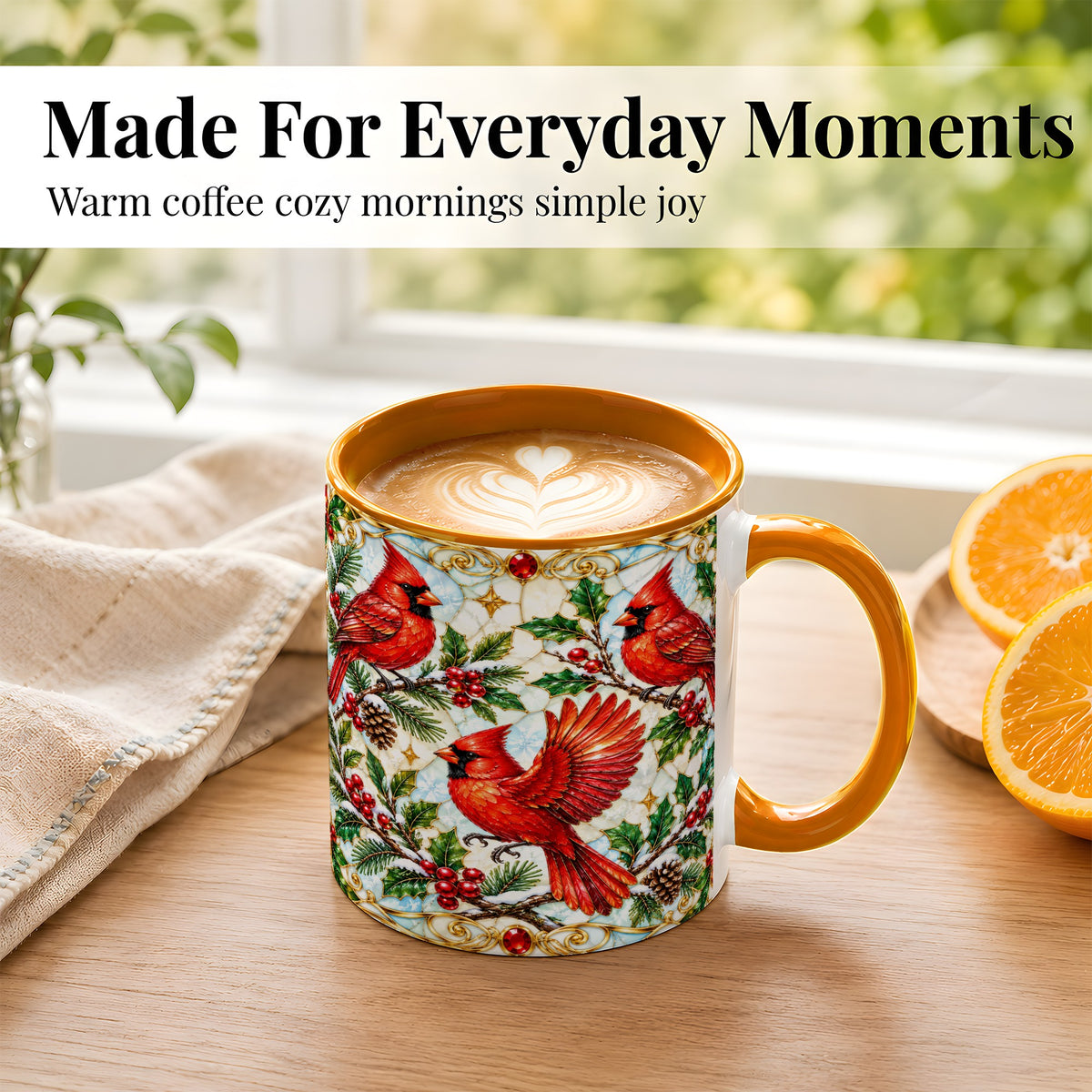 #pl[11oz|Orange] Christmas Cardinals Coffee Mug, Stained Glass Bird Mug, Ceramic Cup