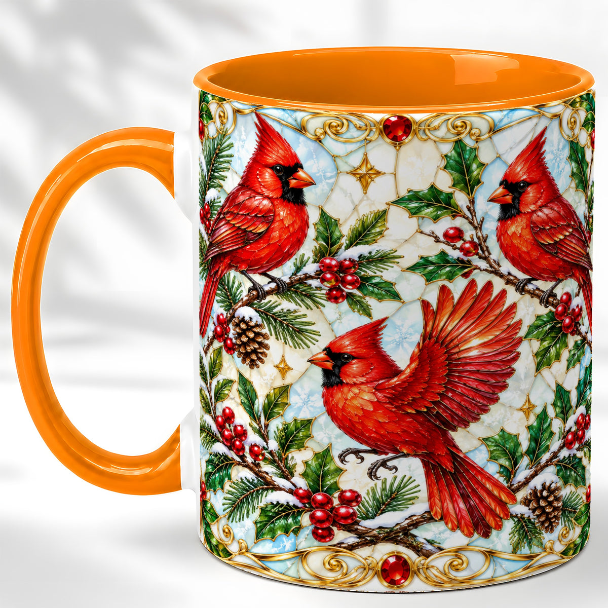 #pl[11oz|Orange] Christmas Cardinals Coffee Mug, Stained Glass Bird Mug, Ceramic Cup