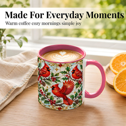 #pl[11oz|Pink] Christmas Cardinals Coffee Mug, Stained Glass Bird Mug, Ceramic Cup