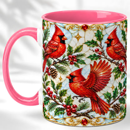#pl[11oz|Pink] Christmas Cardinals Coffee Mug, Stained Glass Bird Mug, Ceramic Cup