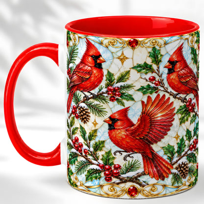 Christmas Cardinals Coffee Mug, Stained Glass Bird Mug, Ceramic Cup