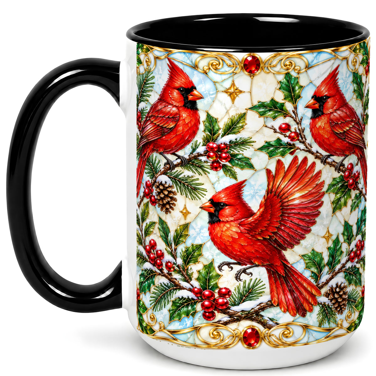 #pl[15oz|Black] Christmas Cardinals Coffee Mug, Stained Glass Bird Mug, Ceramic Cup