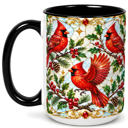 #pl[15oz|Black] Christmas Cardinals Coffee Mug, Stained Glass Bird Mug, Ceramic Cup