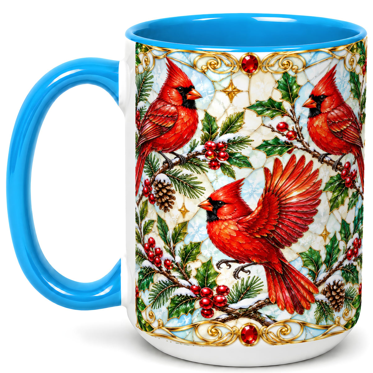 #pl[15oz|Blue] Christmas Cardinals Coffee Mug, Stained Glass Bird Mug, Ceramic Cup