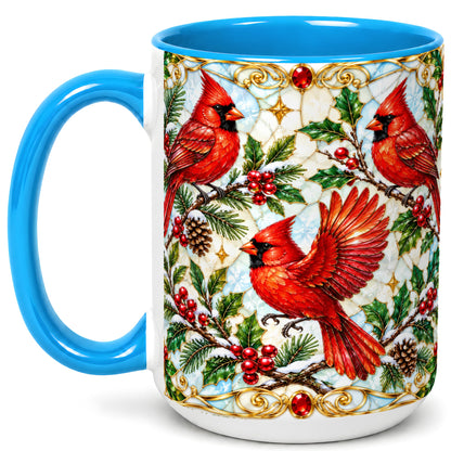 #pl[15oz|Blue] Christmas Cardinals Coffee Mug, Stained Glass Bird Mug, Ceramic Cup