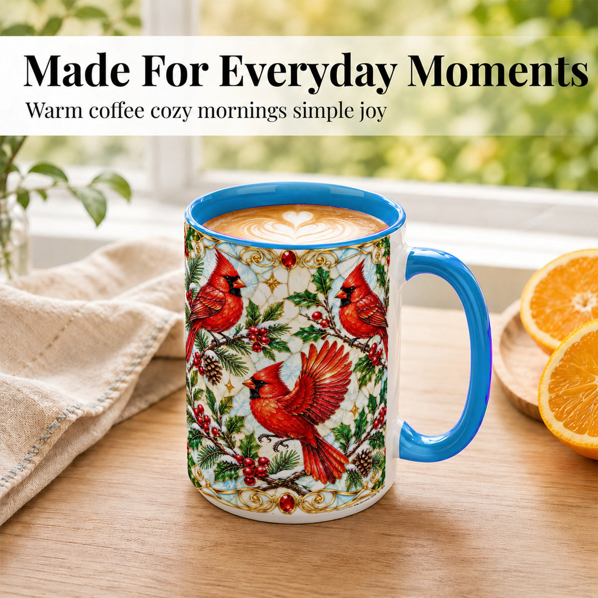 #pl[15oz|Blue] Christmas Cardinals Coffee Mug, Stained Glass Bird Mug, Ceramic Cup