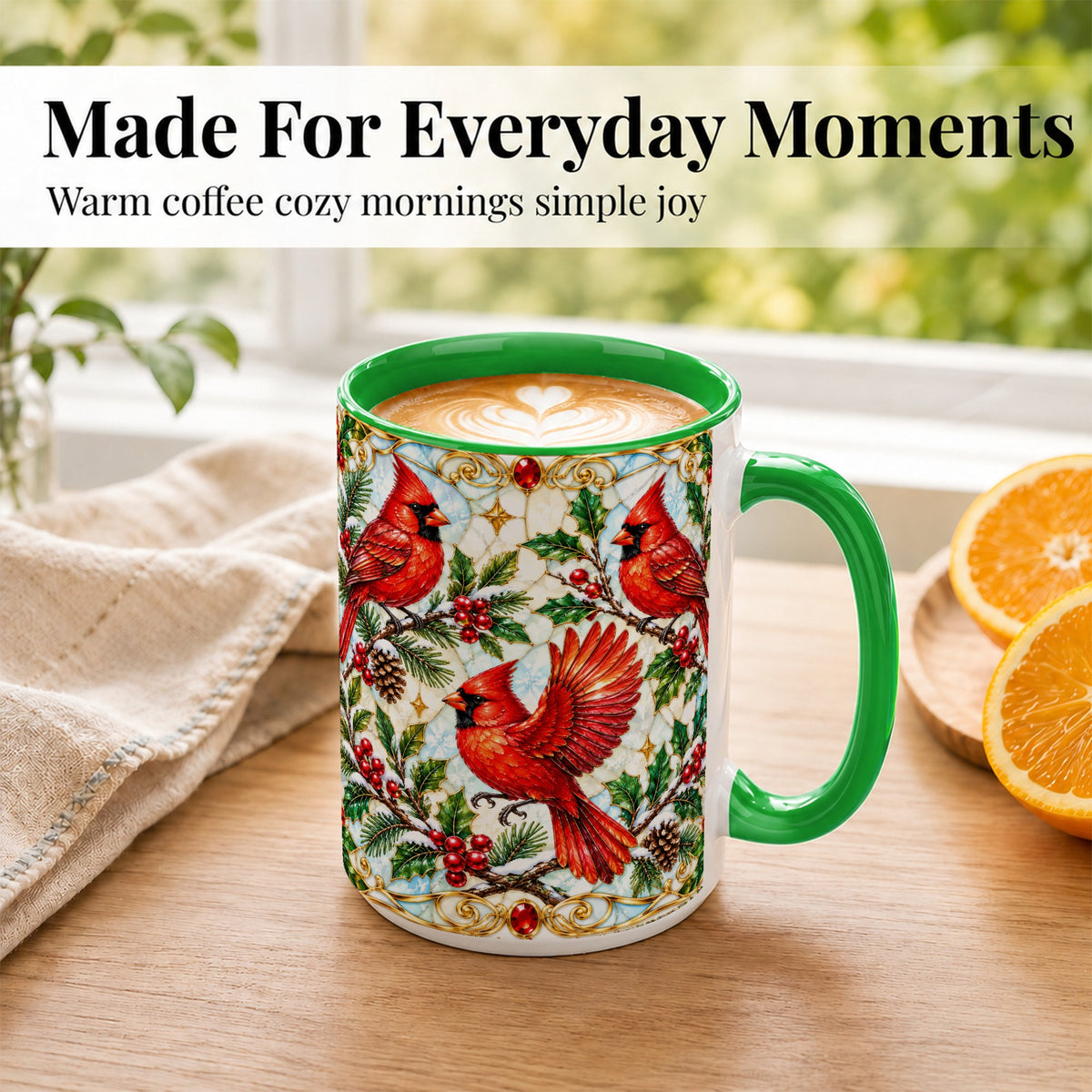 #pl[15oz|Green] Christmas Cardinals Coffee Mug, Stained Glass Bird Mug, Ceramic Cup