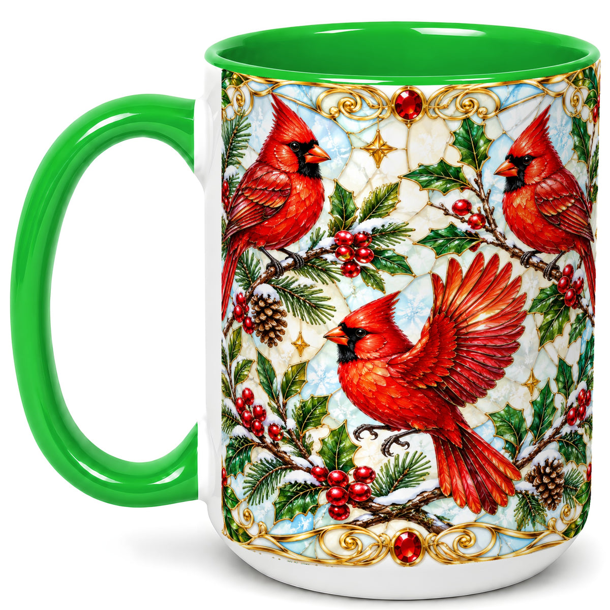 #pl[15oz|Green] Christmas Cardinals Coffee Mug, Stained Glass Bird Mug, Ceramic Cup