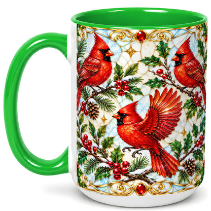 #pl[15oz|Green] Christmas Cardinals Coffee Mug, Stained Glass Bird Mug, Ceramic Cup