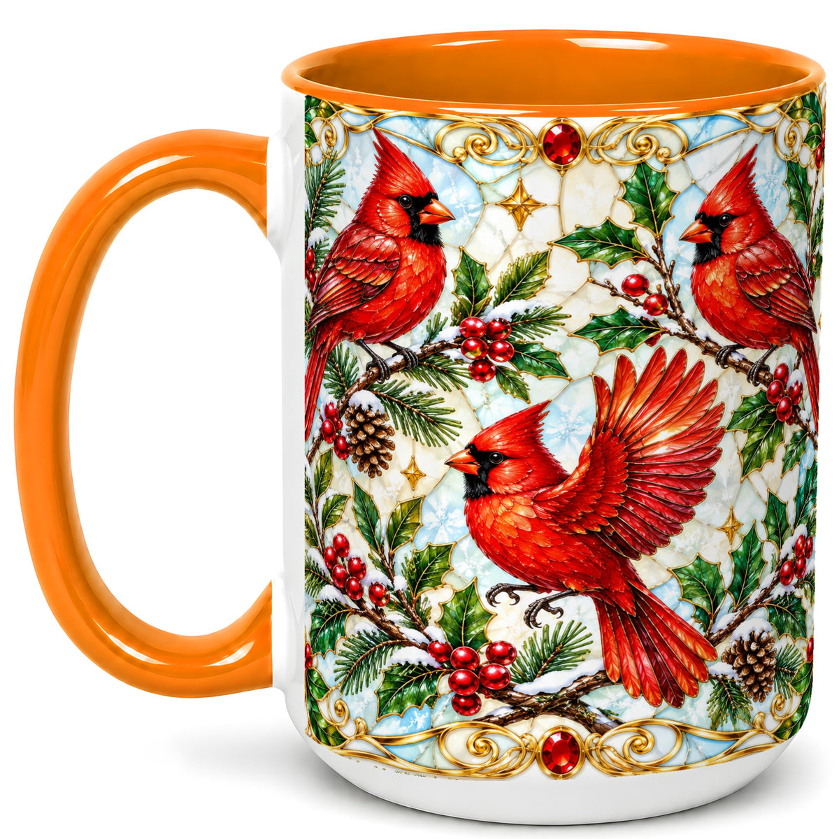 #pl[15oz|Orange] Christmas Cardinals Coffee Mug, Stained Glass Bird Mug, Ceramic Cup