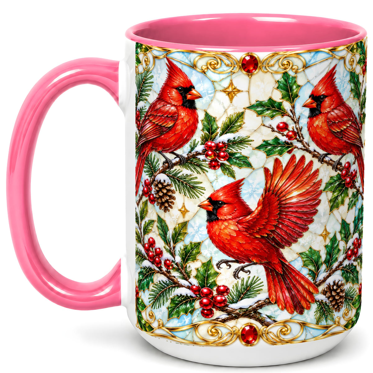 #pl[15oz|Pink] Christmas Cardinals Coffee Mug, Stained Glass Bird Mug, Ceramic Cup