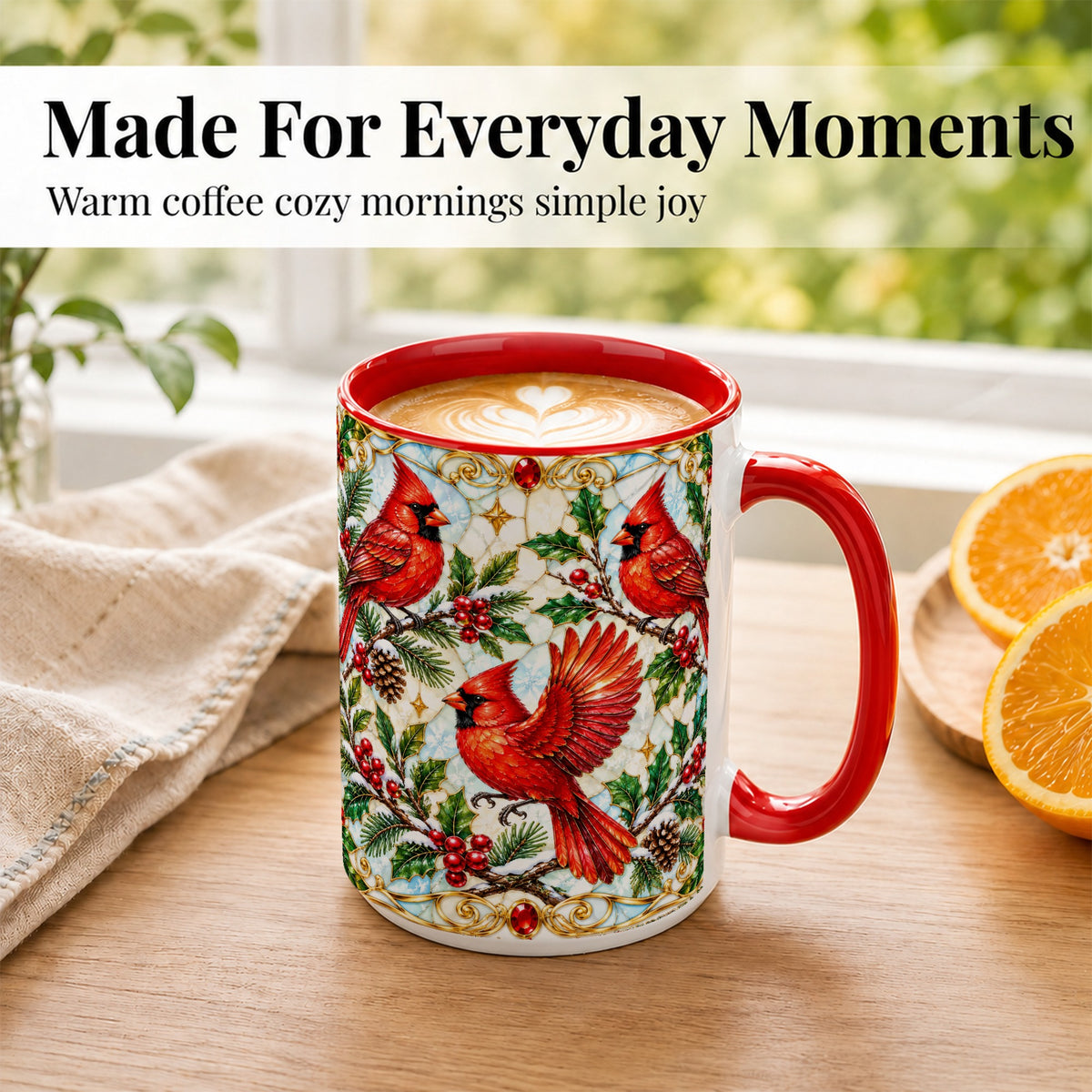 #pl[15oz|Red] Christmas Cardinals Coffee Mug, Stained Glass Bird Mug, Ceramic Cup