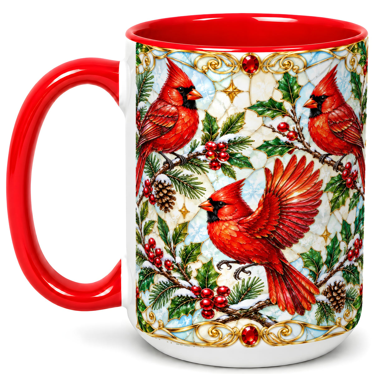 #pl[15oz|Red] Christmas Cardinals Coffee Mug, Stained Glass Bird Mug, Ceramic Cup