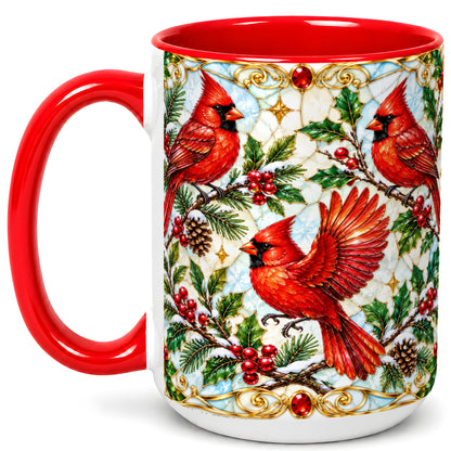 #pl[15oz|Red] Christmas Cardinals Coffee Mug, Stained Glass Bird Mug, Ceramic Cup