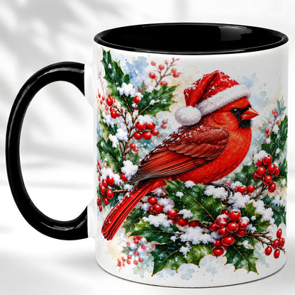 #pl[11oz|Black] Christmas Cardinal Coffee Mug, Santa Hat Bird Mug, Ceramic Cup