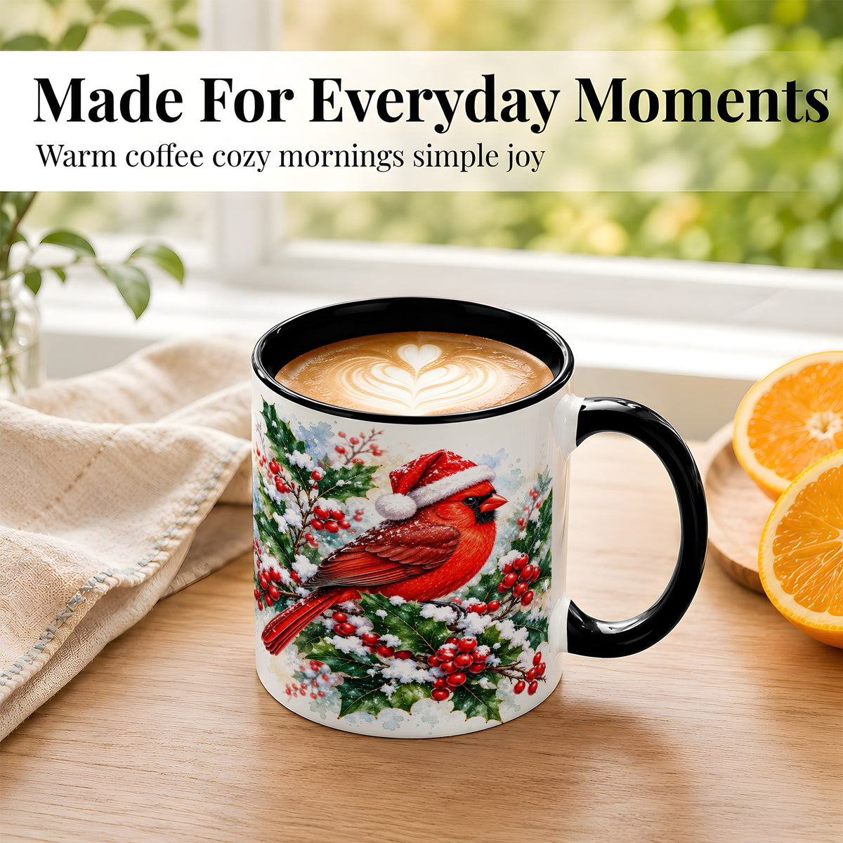 #pl[11oz|Black] Christmas Cardinal Coffee Mug, Santa Hat Bird Mug, Ceramic Cup