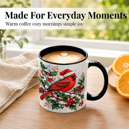 #pl[11oz|Black] Christmas Cardinal Coffee Mug, Santa Hat Bird Mug, Ceramic Cup