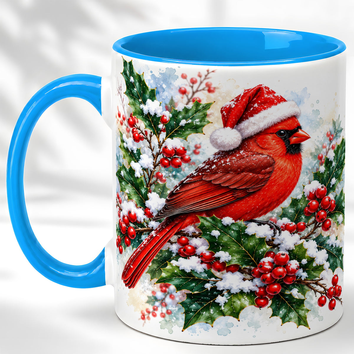 #pl[11oz|Blue] Christmas Cardinal Coffee Mug, Santa Hat Bird Mug, Ceramic Cup