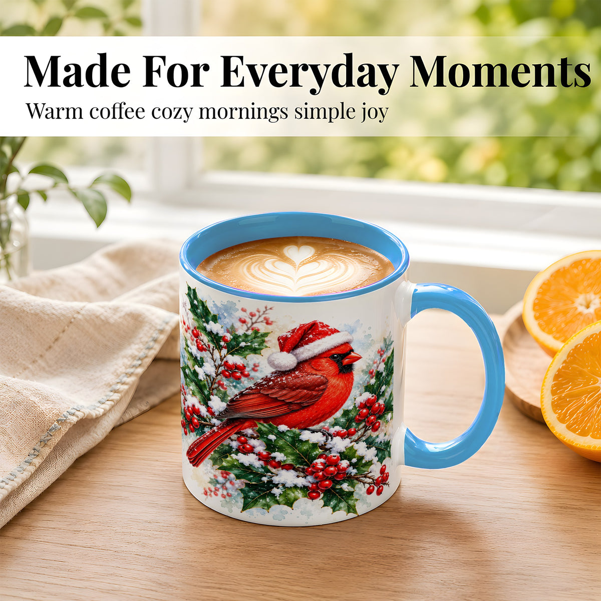 #pl[11oz|Blue] Christmas Cardinal Coffee Mug, Santa Hat Bird Mug, Ceramic Cup