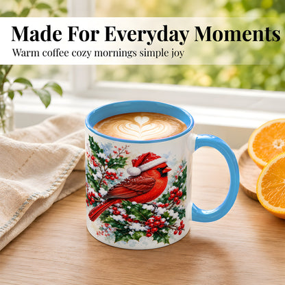 #pl[11oz|Blue] Christmas Cardinal Coffee Mug, Santa Hat Bird Mug, Ceramic Cup