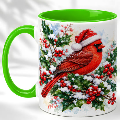 #pl[11oz|Green] Christmas Cardinal Coffee Mug, Santa Hat Bird Mug, Ceramic Cup