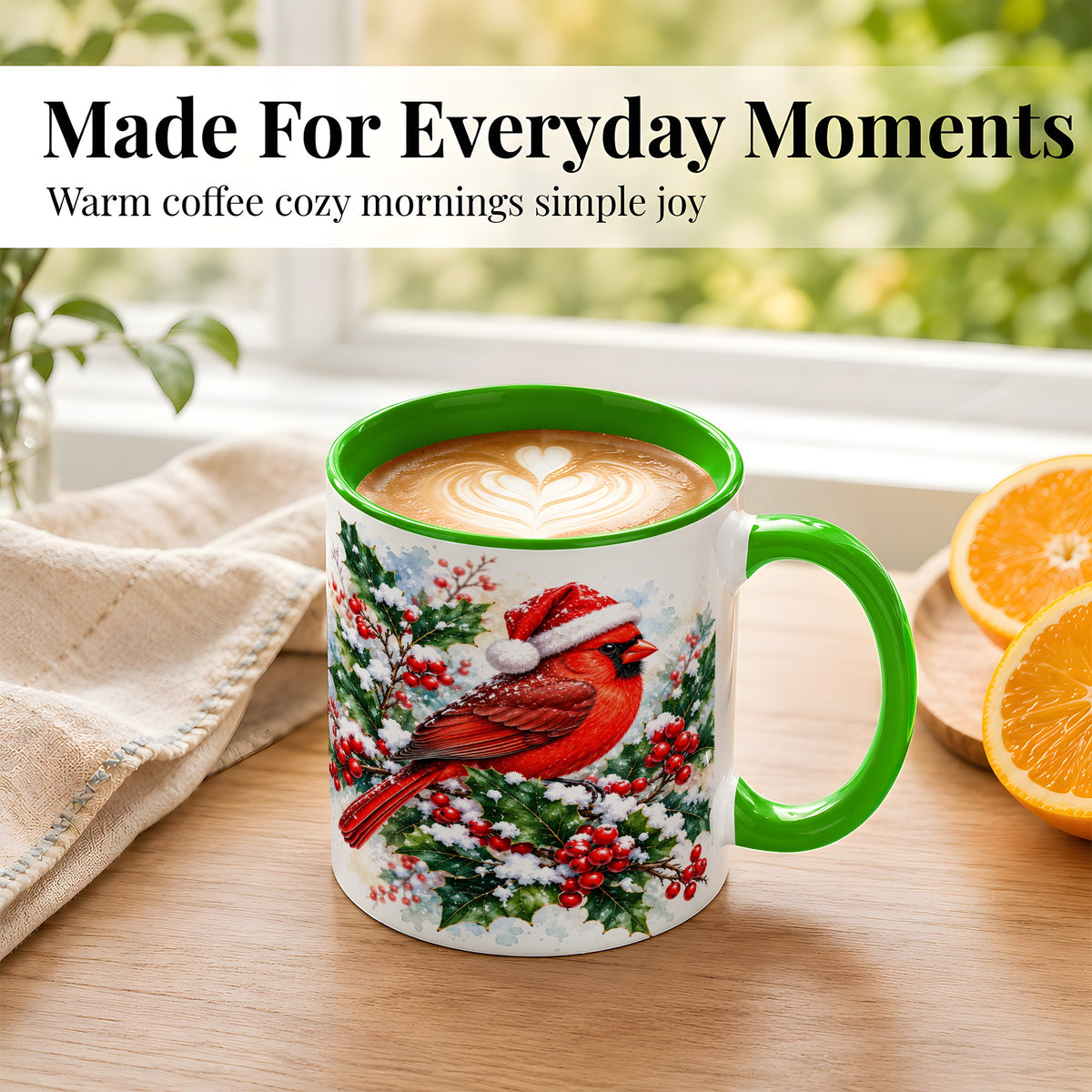 #pl[11oz|Green] Christmas Cardinal Coffee Mug, Santa Hat Bird Mug, Ceramic Cup