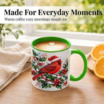 #pl[11oz|Green] Christmas Cardinal Coffee Mug, Santa Hat Bird Mug, Ceramic Cup
