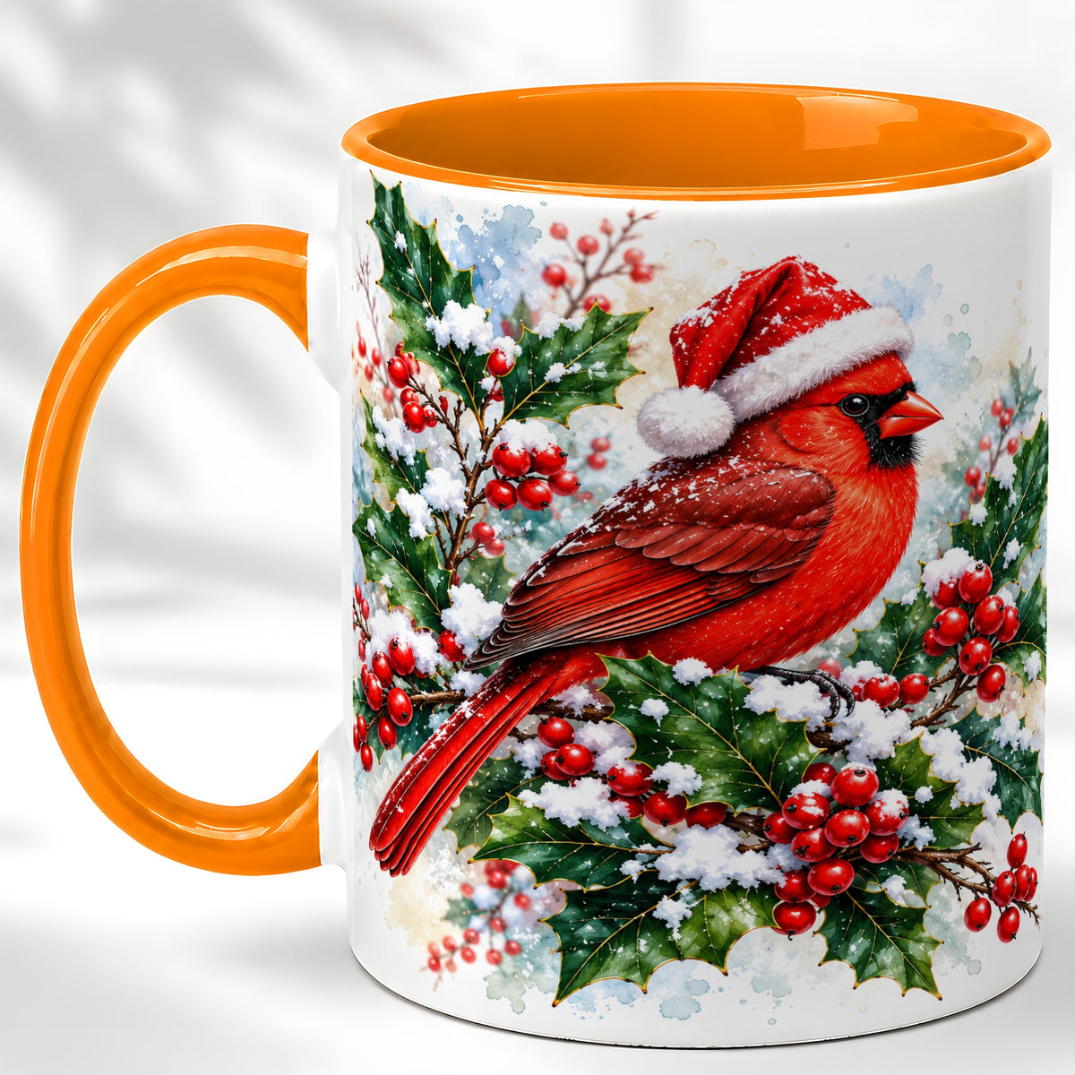 #pl[11oz|Orange] Christmas Cardinal Coffee Mug, Santa Hat Bird Mug, Ceramic Cup
