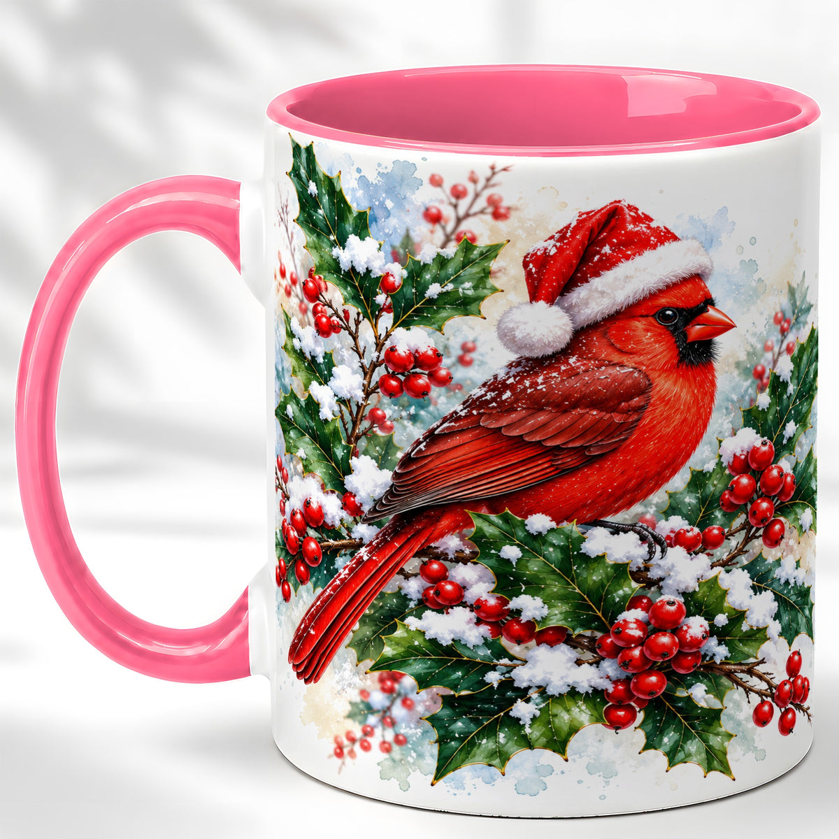 #pl[11oz|Pink] Christmas Cardinal Coffee Mug, Santa Hat Bird Mug, Ceramic Cup