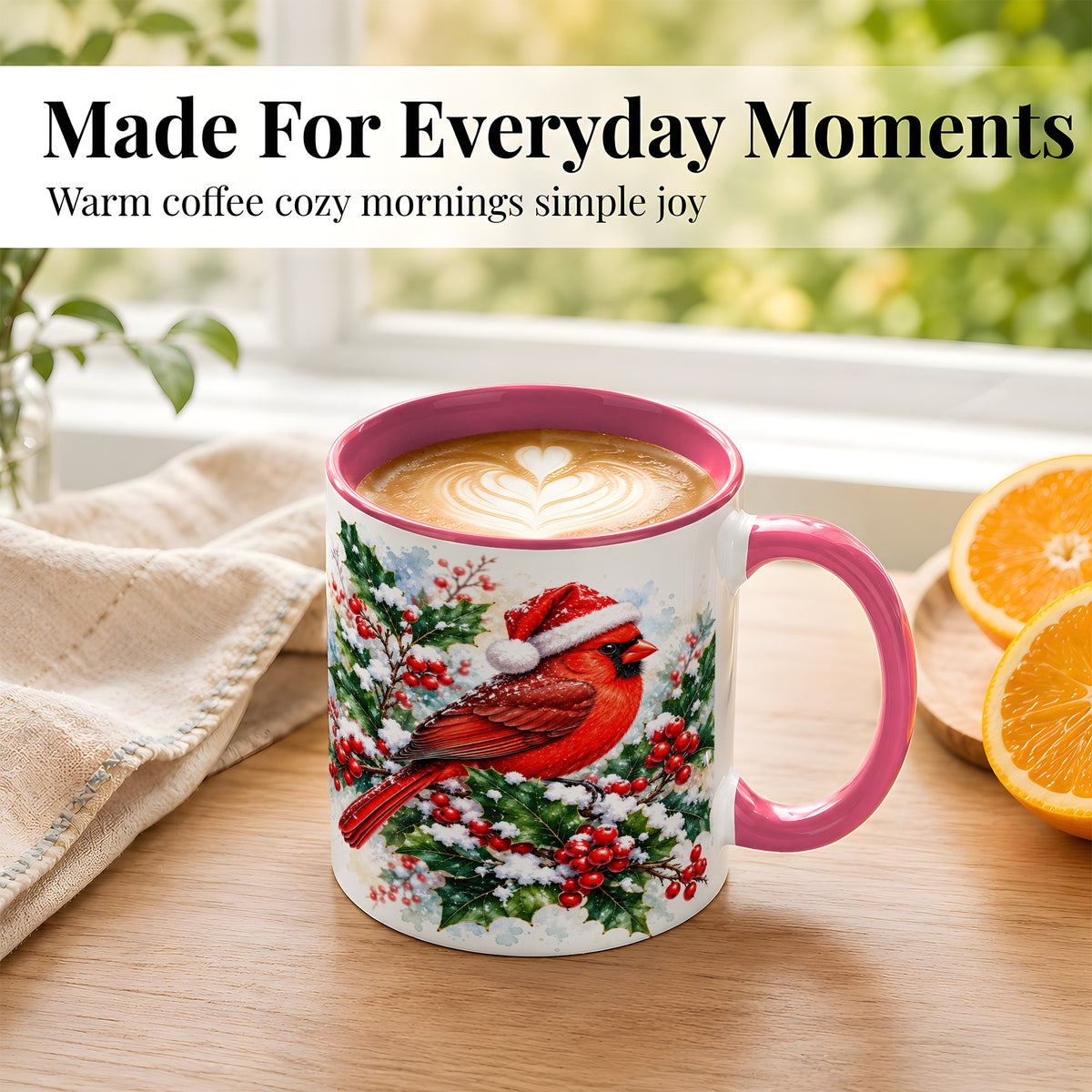 #pl[11oz|Pink] Christmas Cardinal Coffee Mug, Santa Hat Bird Mug, Ceramic Cup
