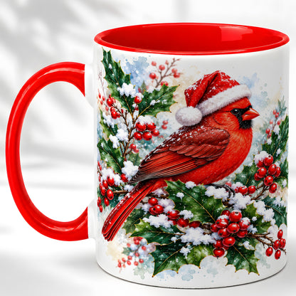 Christmas Cardinal Coffee Mug, Santa Hat Bird Mug, Ceramic Cup