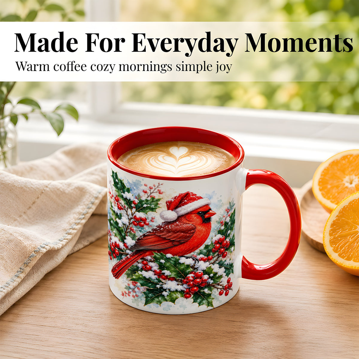 #pl[11oz|Red] Christmas Cardinal Coffee Mug, Santa Hat Bird Mug, Ceramic Cup