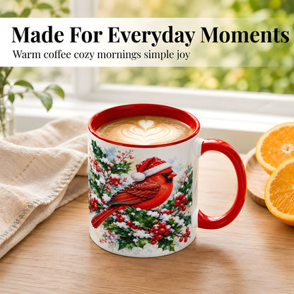 #pl[11oz|Red] Christmas Cardinal Coffee Mug, Santa Hat Bird Mug, Ceramic Cup