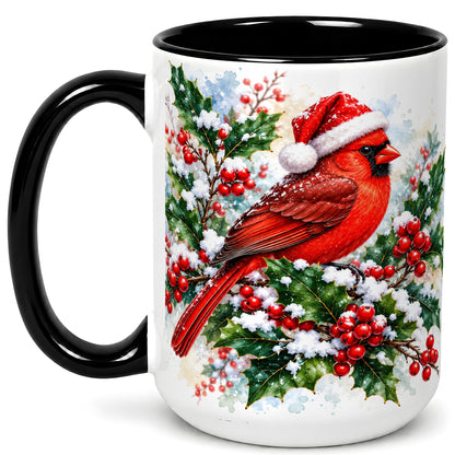 #pl[15oz|Black] Christmas Cardinal Coffee Mug, Santa Hat Bird Mug, Ceramic Cup