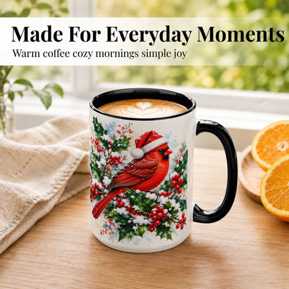 #pl[15oz|Black] Christmas Cardinal Coffee Mug, Santa Hat Bird Mug, Ceramic Cup