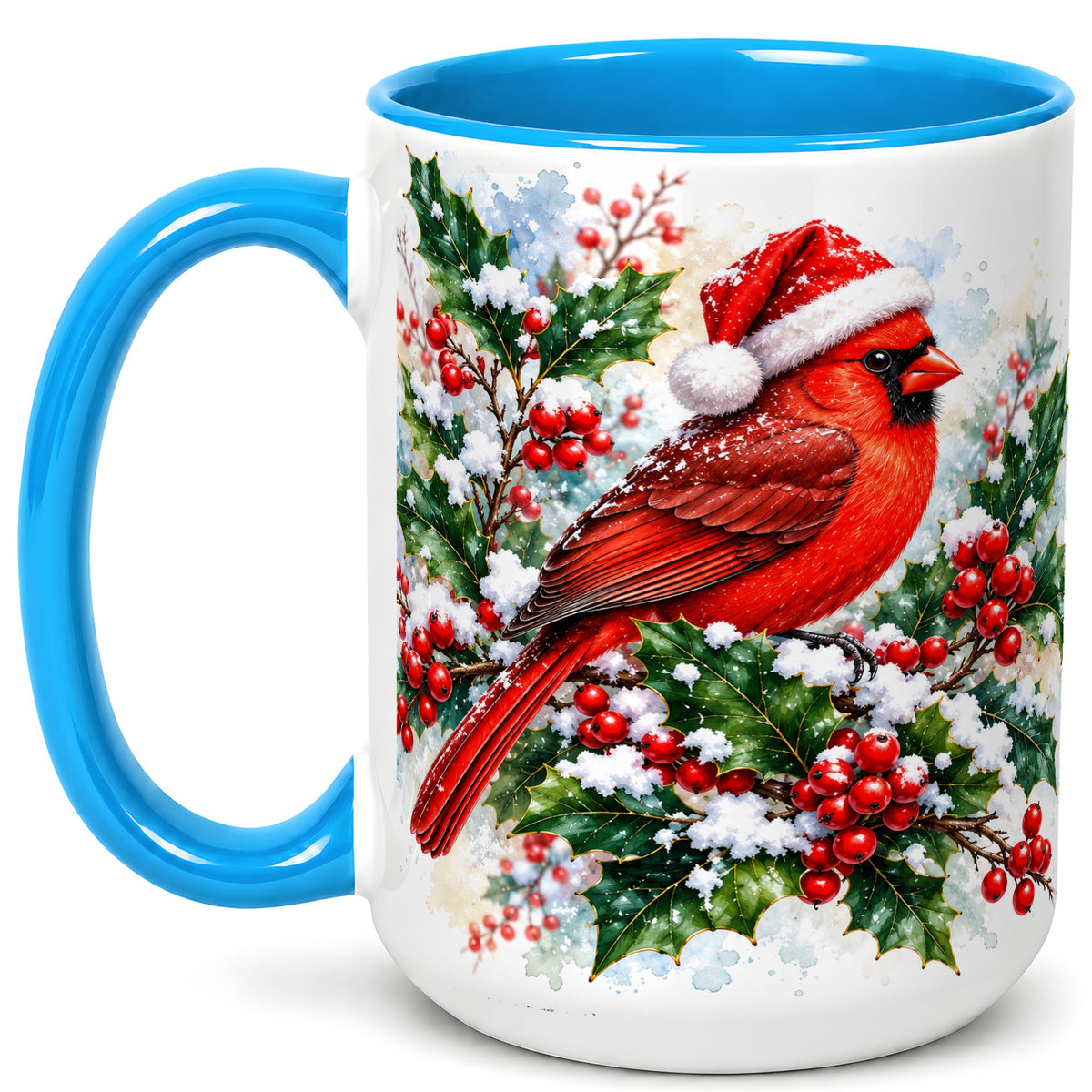 #pl[15oz|Blue] Christmas Cardinal Coffee Mug, Santa Hat Bird Mug, Ceramic Cup