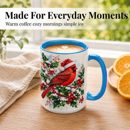 #pl[15oz|Blue] Christmas Cardinal Coffee Mug, Santa Hat Bird Mug, Ceramic Cup